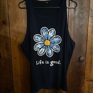 Life Is Good Black Tank with Blue Daisy and Yellow Center